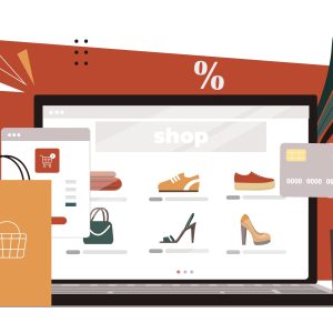 A cartoon e-commerce page on a laptop screen, used to illustrate an op-ed about agentic commerce.